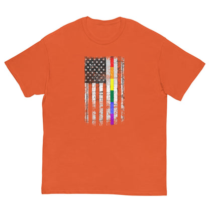 Orange T-shirt with distressed American flag graphic and rainbow stripe accents