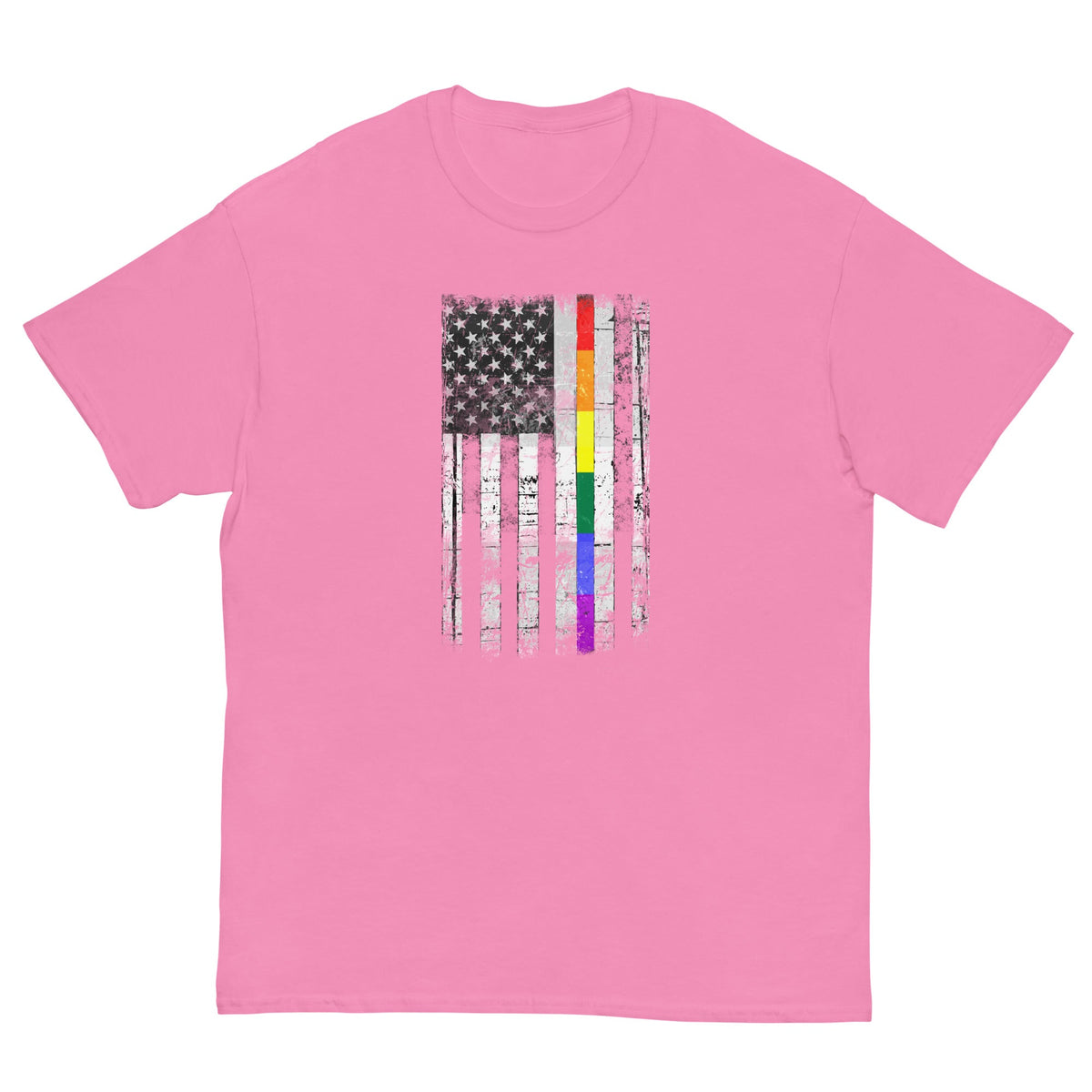 Pink T-shirt with distressed American flag graphic and rainbow stripe details