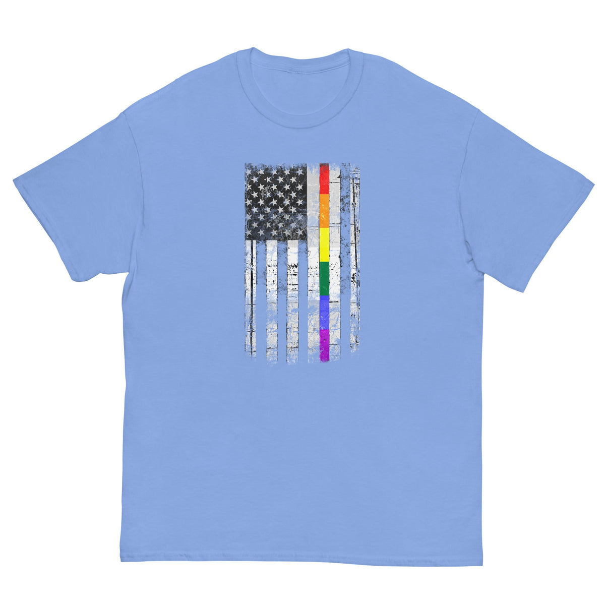Light blue T-shirt with distressed American flag graphic and rainbow stripe accents