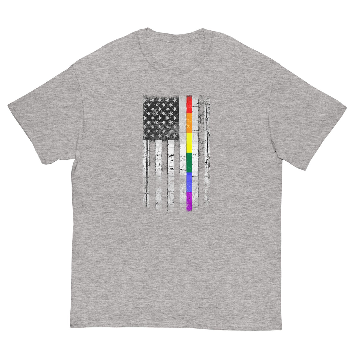 Heather gray T-shirt with distressed American flag graphic and rainbow stripe accents