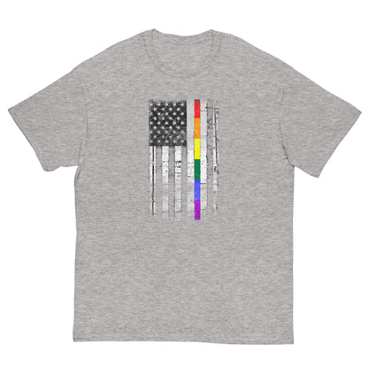 Heather gray T-shirt with distressed American flag graphic and rainbow stripe accents