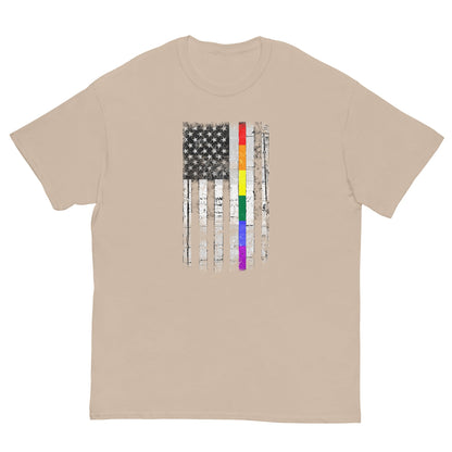 Sand tan T-shirt with distressed American flag graphic and rainbow stripe accents