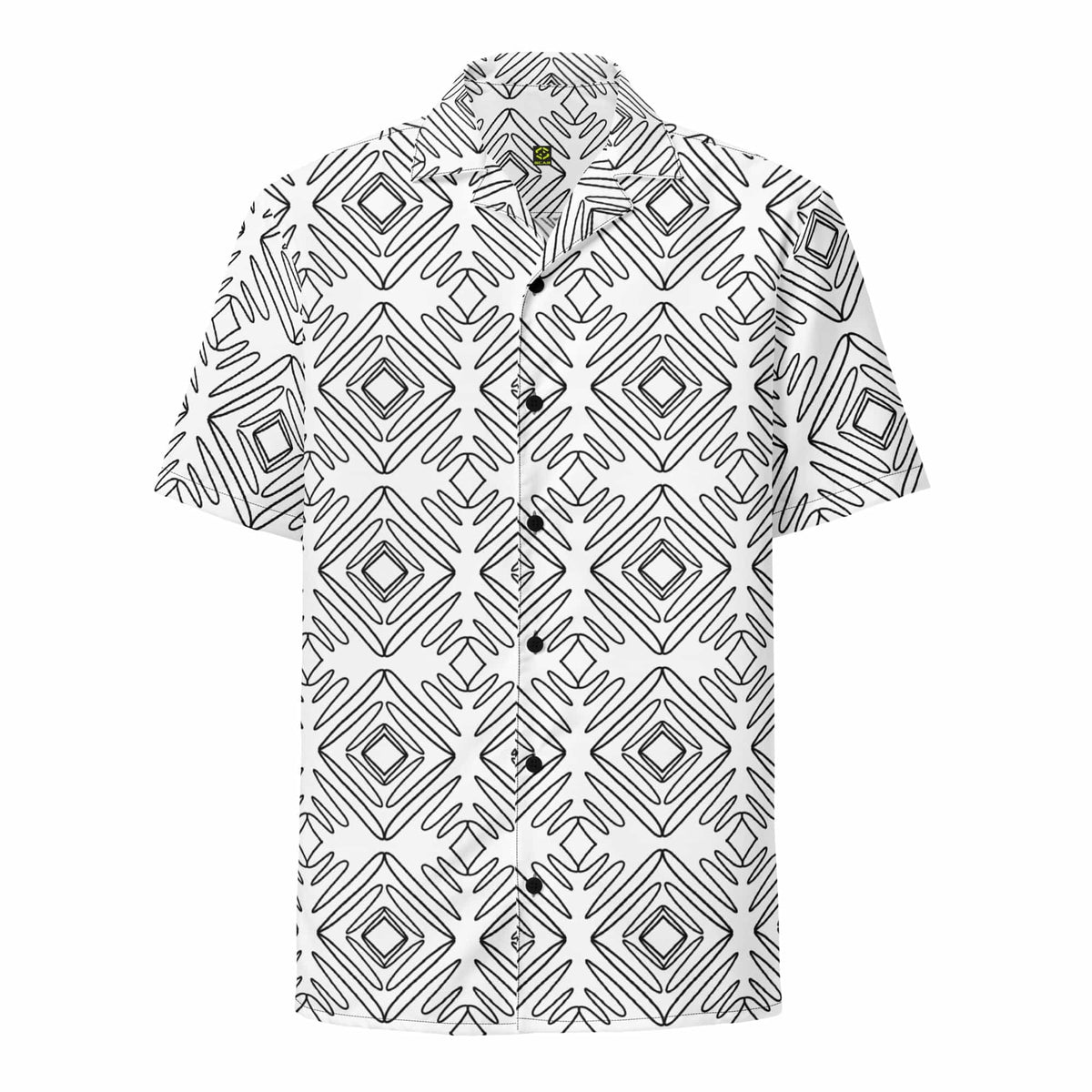 Unisex button-up shirt in white with black doodle geometric pattern, short sleeves