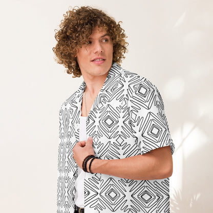 Unisex button-up shirt worn open at the collar, white with black doodle print
