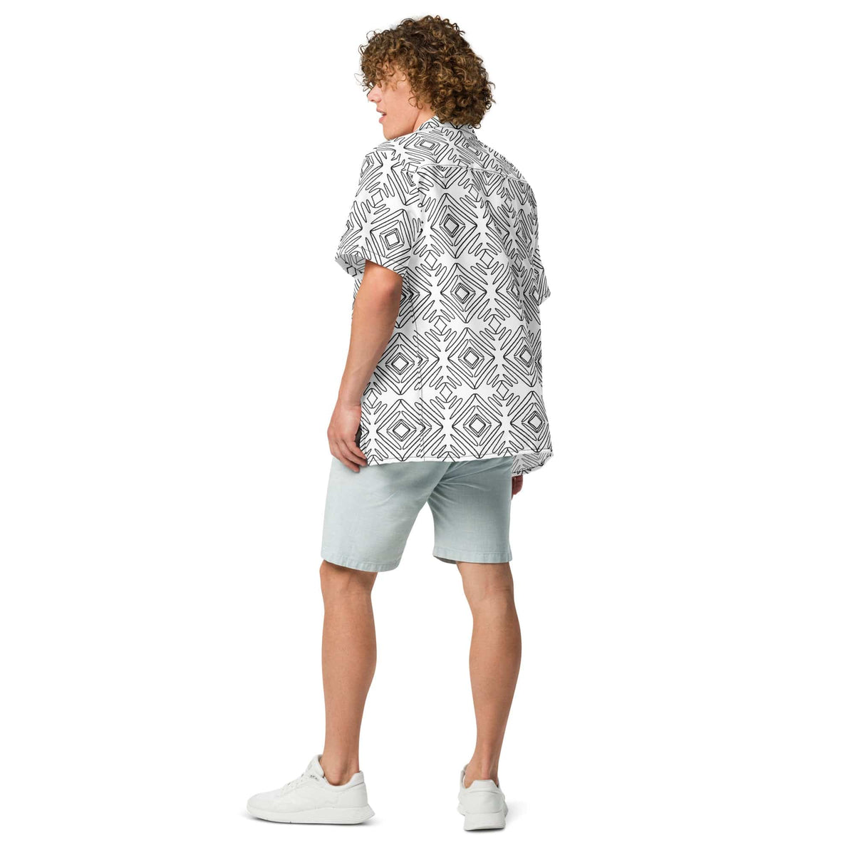 Unisex button-up shirt shown from back, white with black doodle geometric pattern