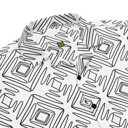 Close-up of unisex button-up shirt showing black doodle geometric pattern and buttons