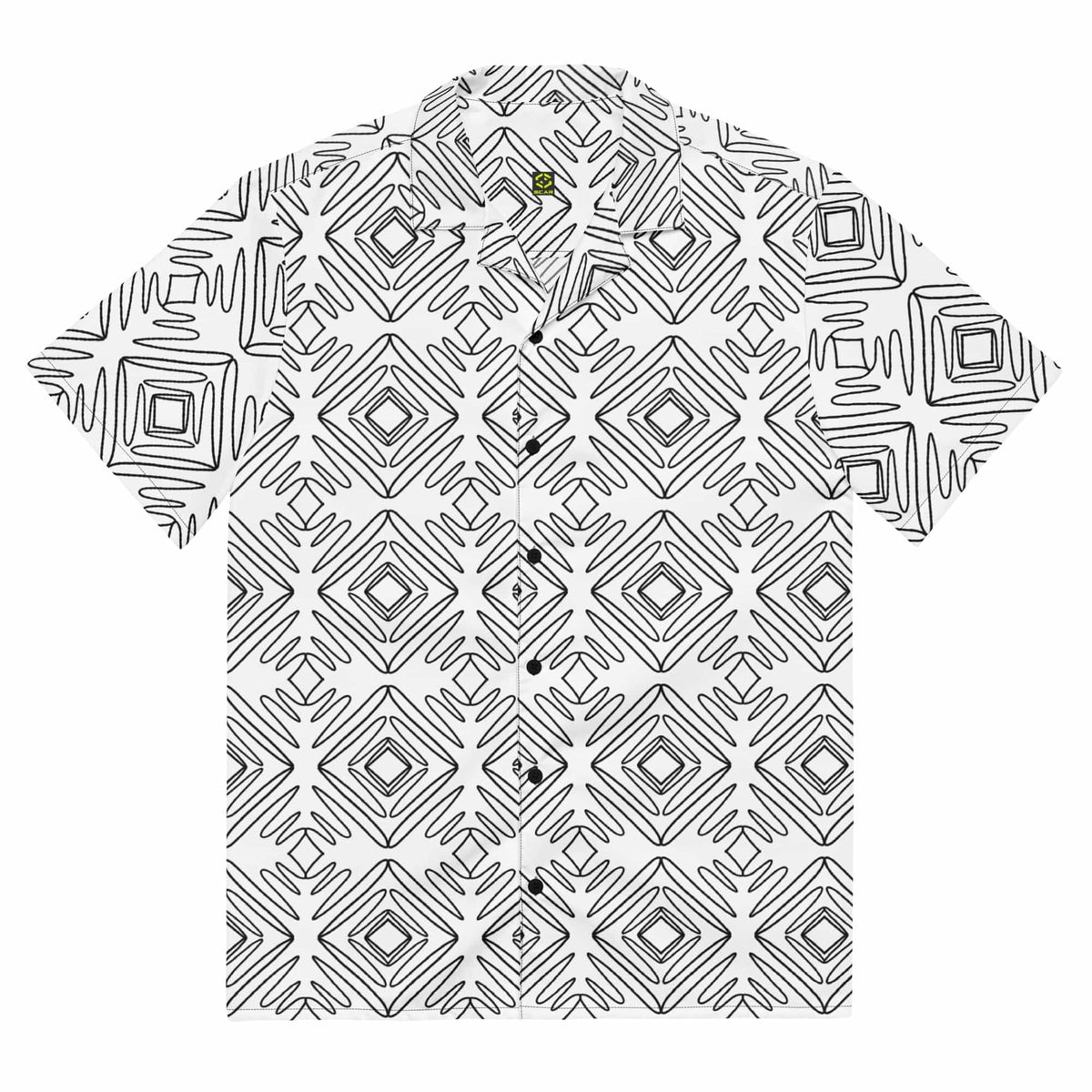 Unisex button-up shirt back view on white background with black doodle geometric print