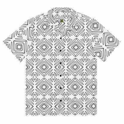 Unisex button-up shirt back view on white background with black doodle geometric print