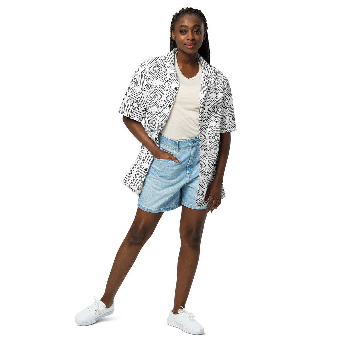 Unisex button-up shirt with white-and-black doodle print, worn over a T-shirt