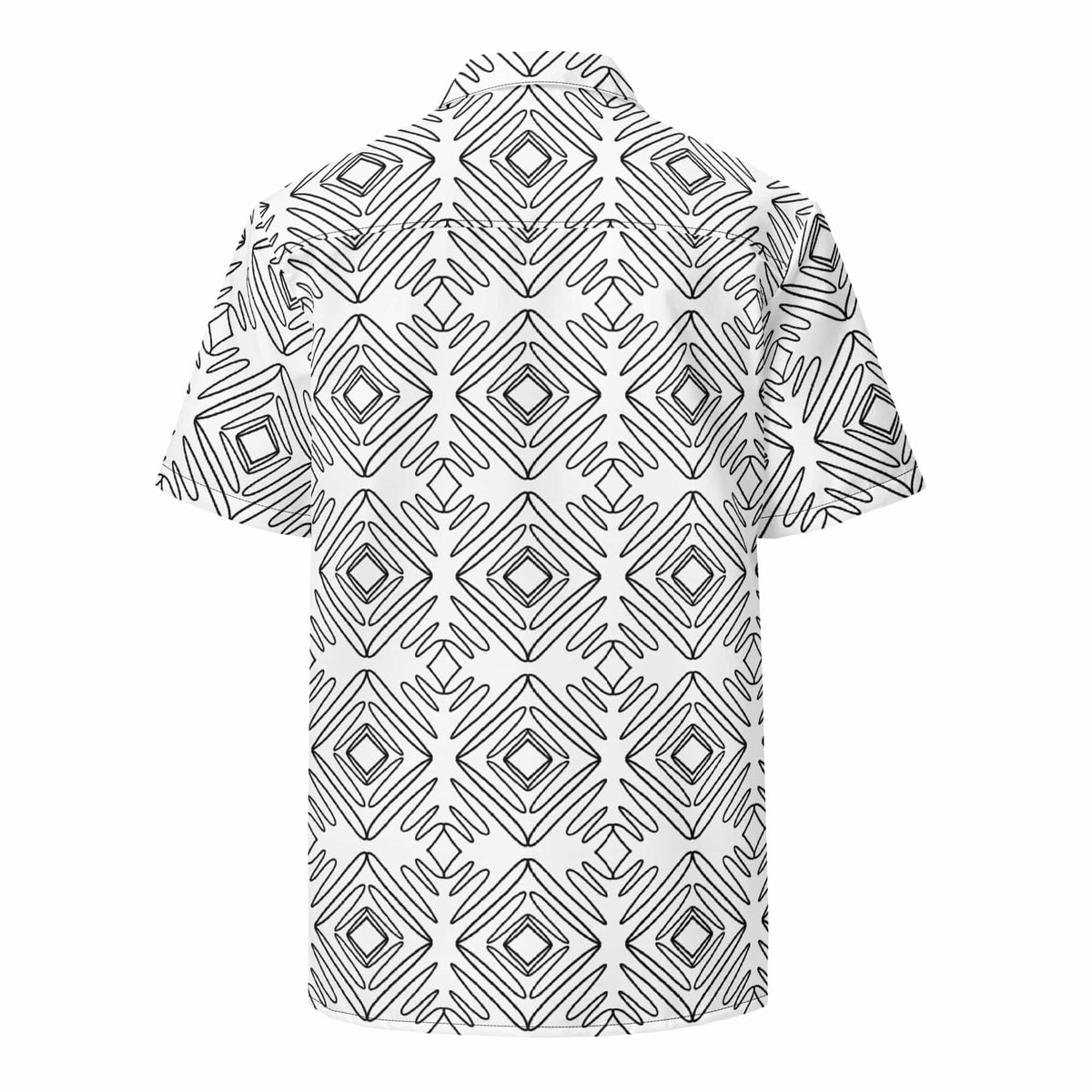 Unisex button-up shirt front view, white with black doodle geometric pattern