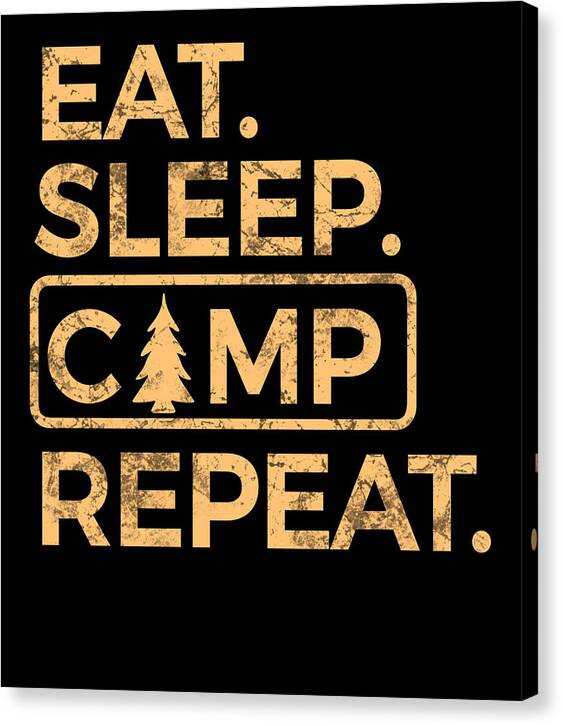 Black canvas print with gold 'EAT SLEEP CAMP REPEAT' text and pine tree