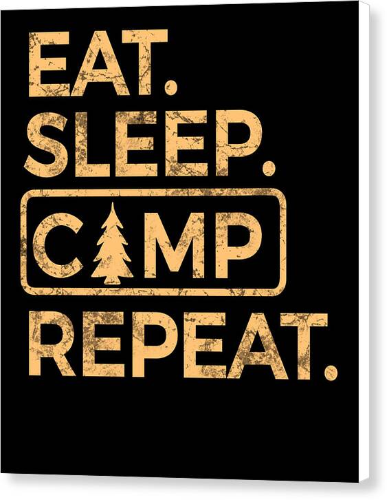 Black canvas print with gold 'EAT SLEEP CAMP REPEAT' text, pine tree, white edges