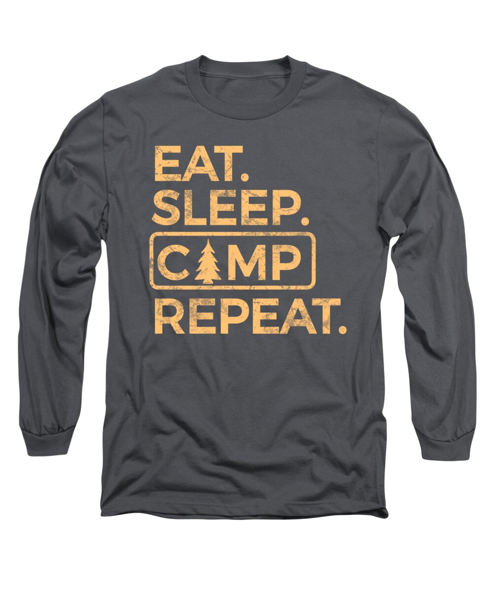 Charcoal long-sleeve T-shirt with 'EAT SLEEP CAMP REPEAT' logo graphic in orange and cream.