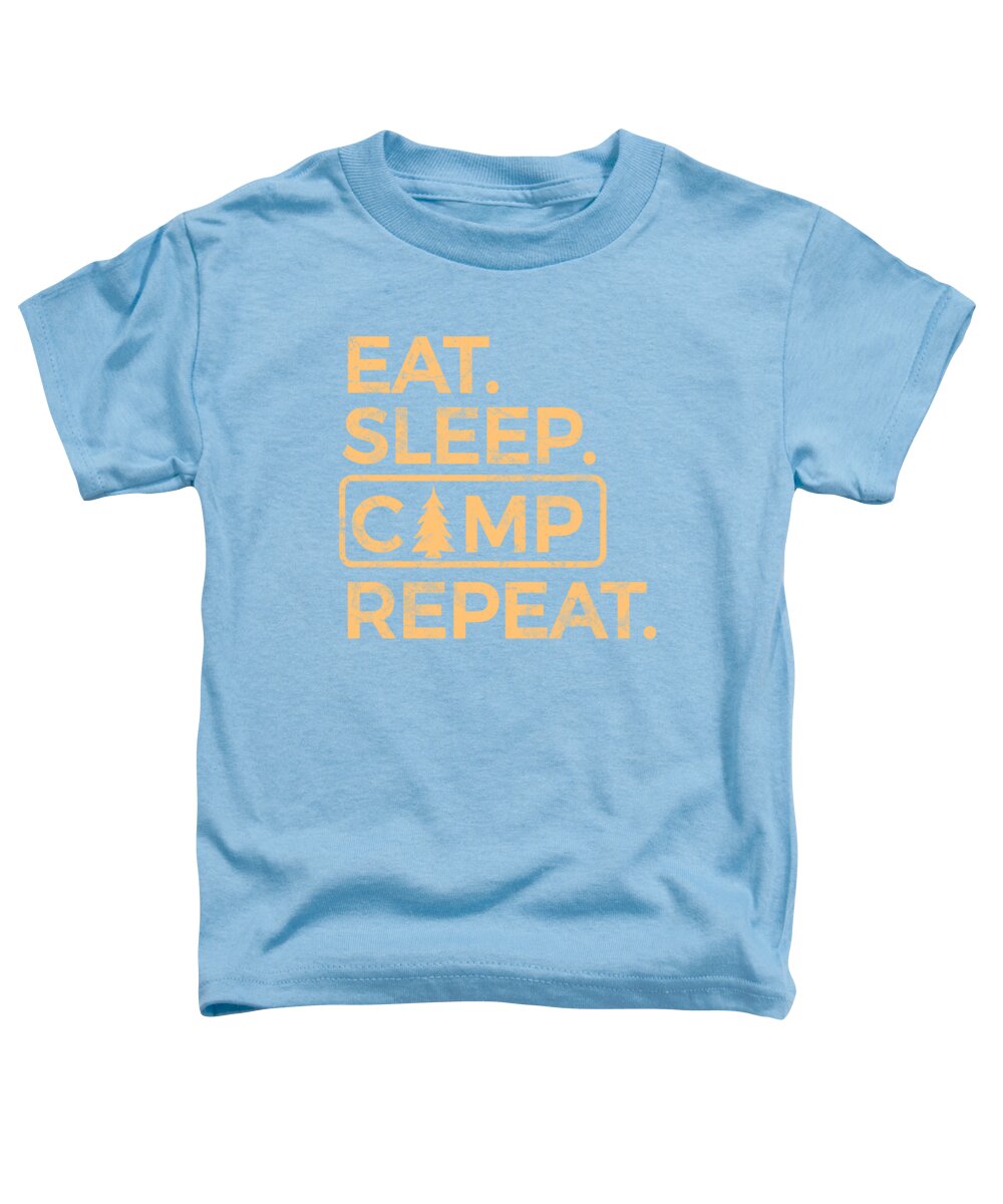 Light blue toddler T-shirt with orange “EAT SLEEP CAMP REPEAT” graphic