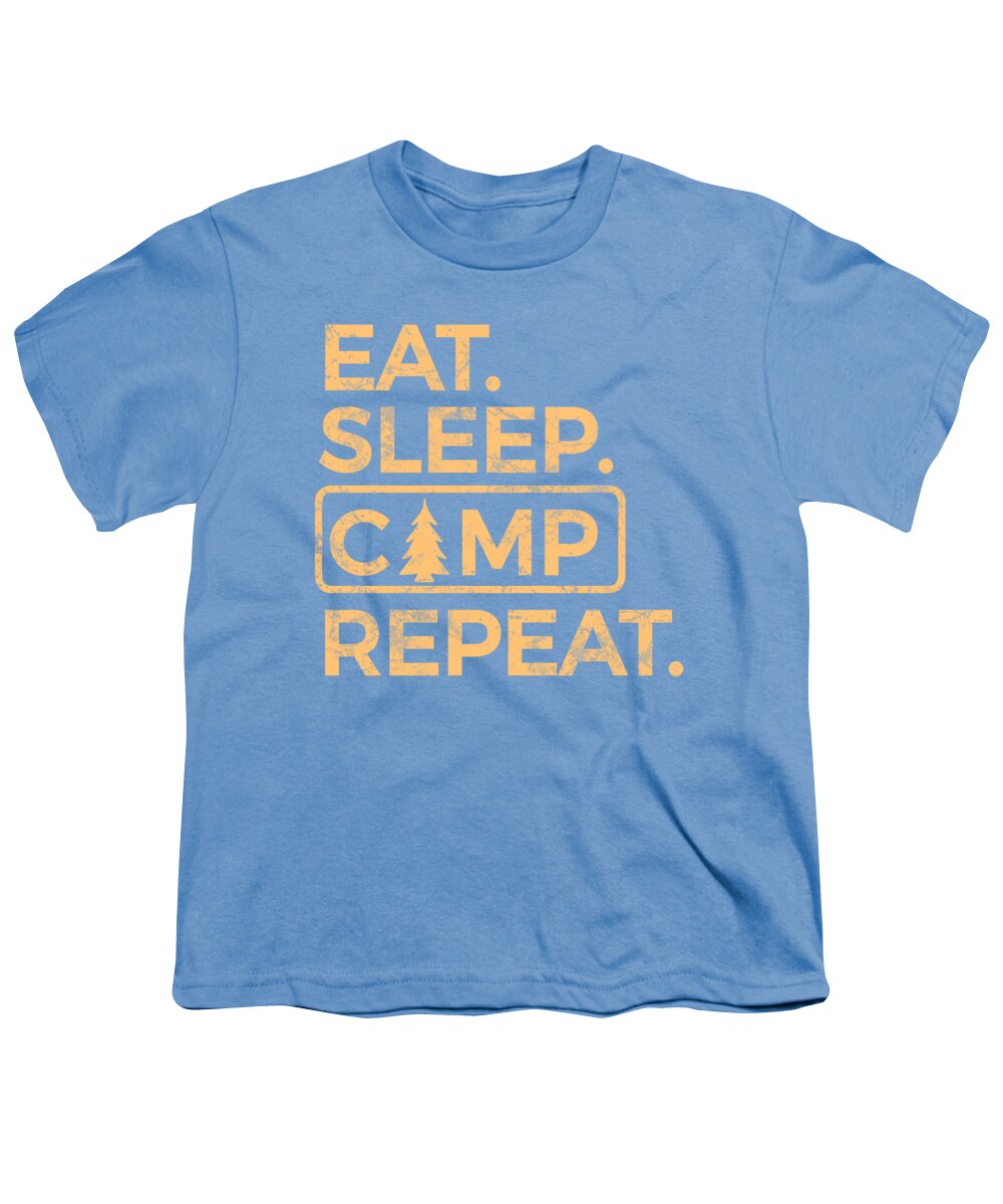 Youth graphic T-shirt in blue with "Eat Sleep Camp Repeat" logo print