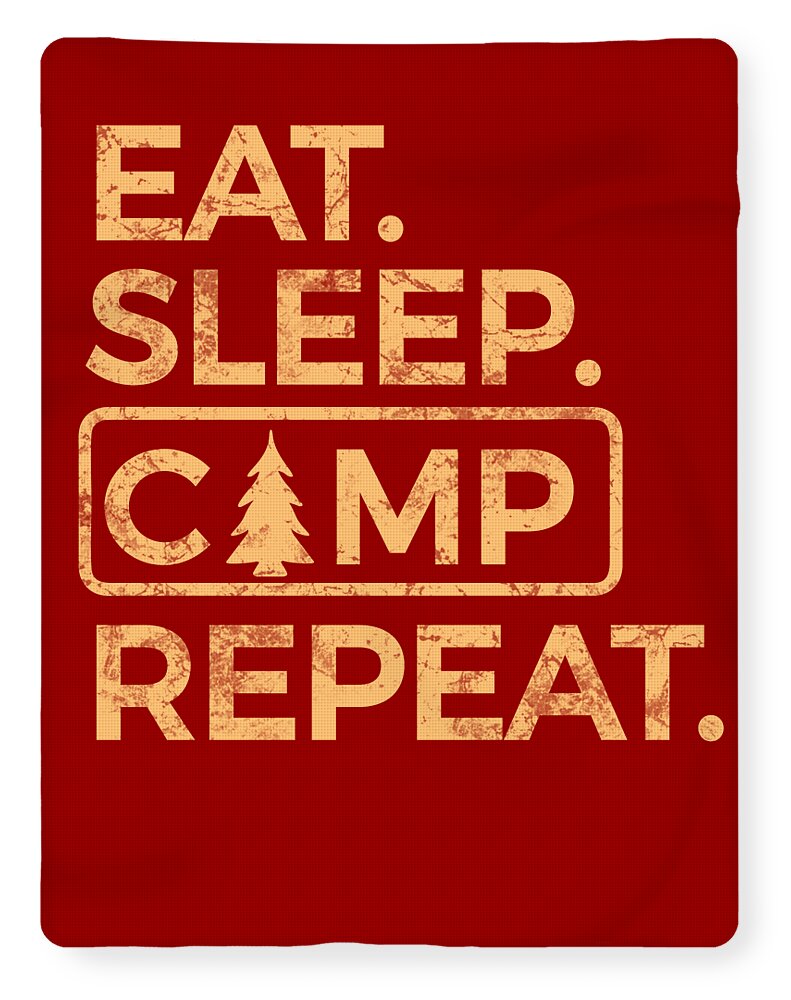 Red blanket showing gold “EAT. SLEEP CAMP REPEAT.” graphic print.