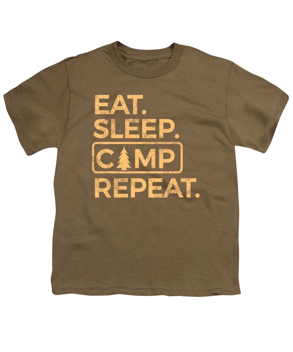 Youth T-shirt, olive brown, front graphic text “EAT SLEEP CAMP REPEAT” in multicolor