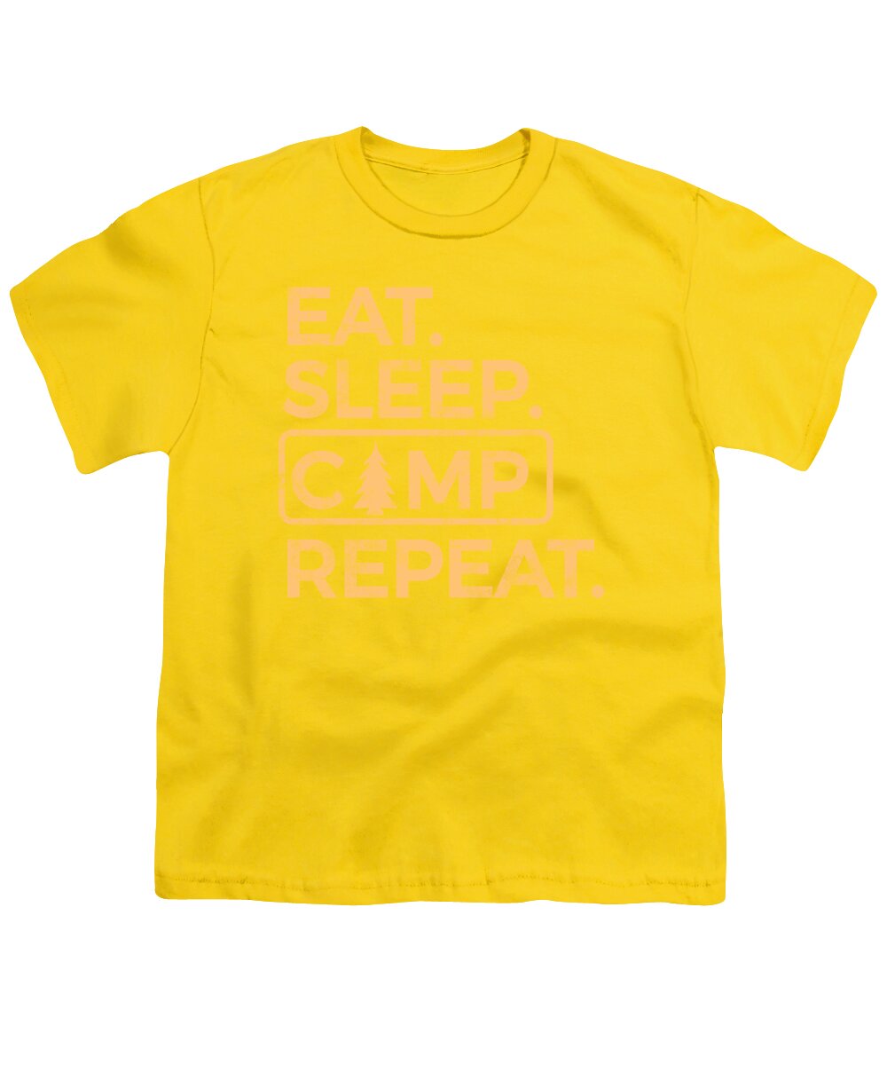 Youth T-shirt, yellow, front graphic text “EAT SLEEP CAMP REPEAT” in light multicolor