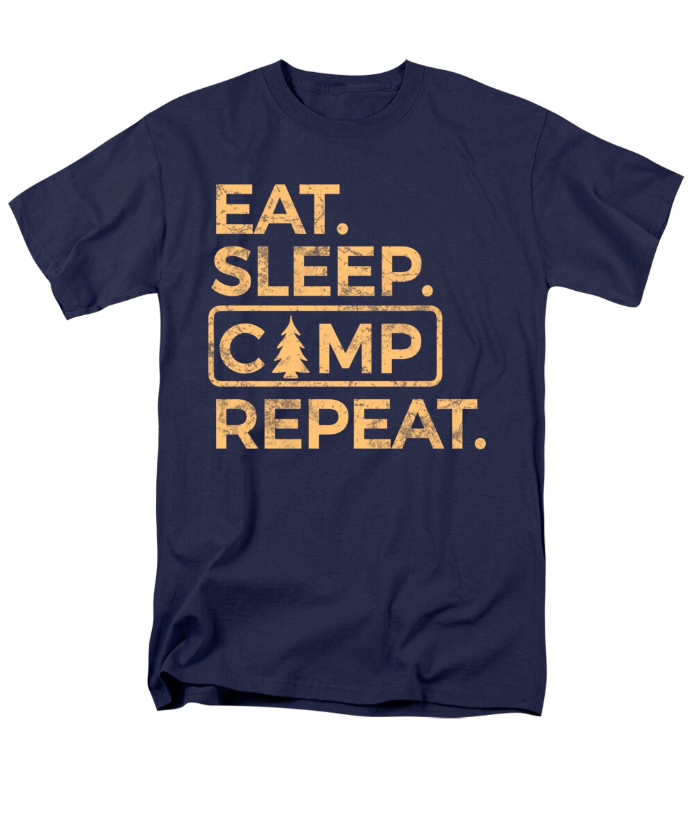 Men's navy crew-neck T-shirt with Eat Sleep Camp Repeat graphic print.