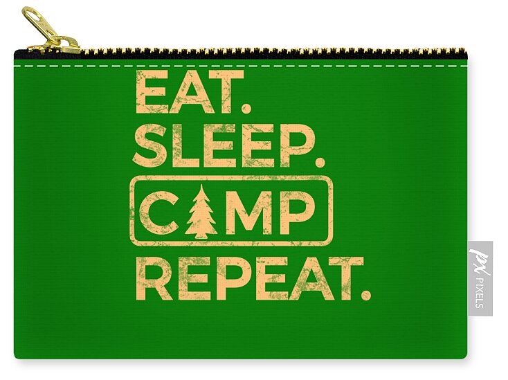 Green zip pouch with gold zipper pull and Eat Sleep Camp Repeat slogan print