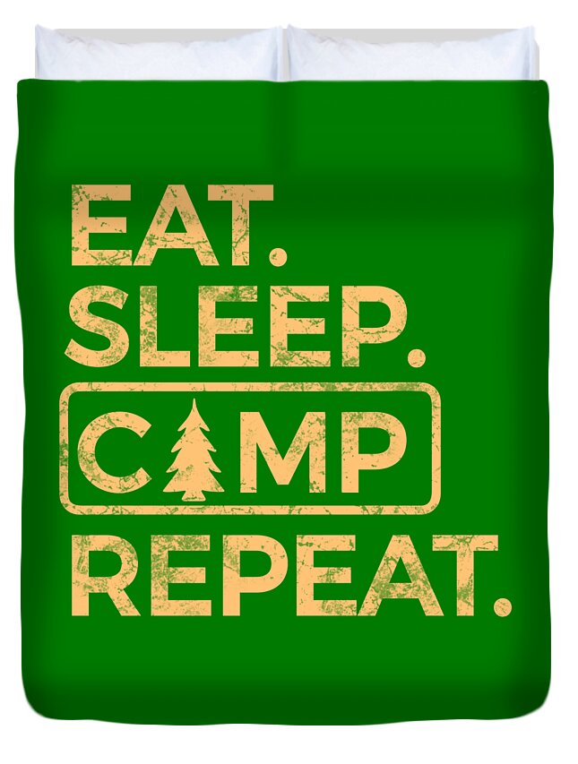 Green duvet cover with large Eat Sleep Camp Repeat typography and small tree icon