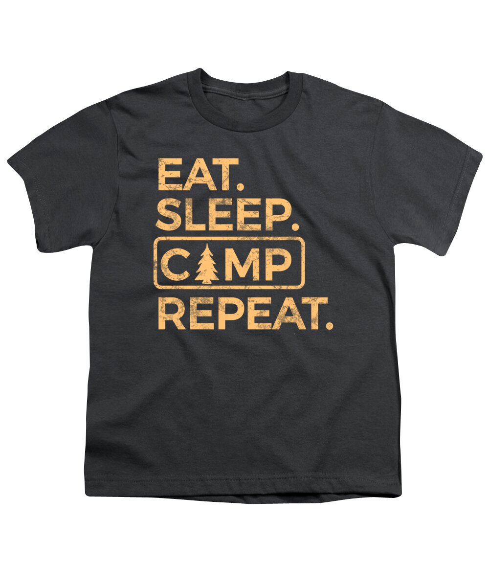 Youth graphic T-shirt in dark gray with "Eat Sleep Camp Repeat" logo print