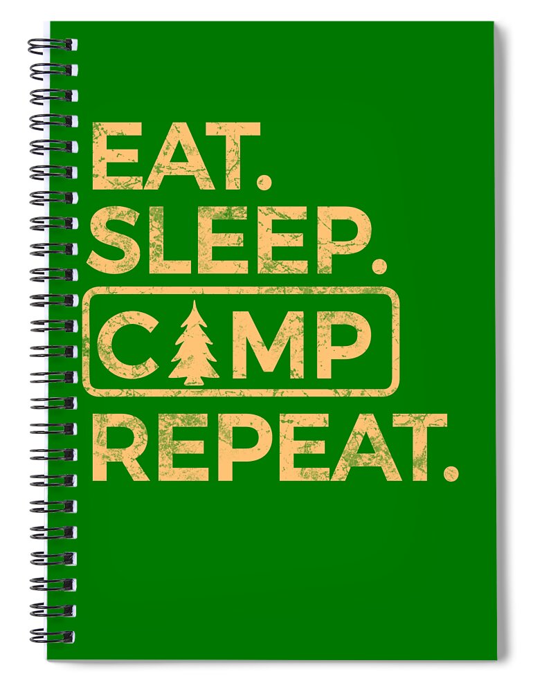 Green spiral notebook with Eat Sleep Camp Repeat design and pine tree logo