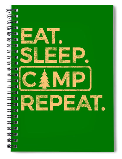 Green spiral notebook with Eat Sleep Camp Repeat design and pine tree logo