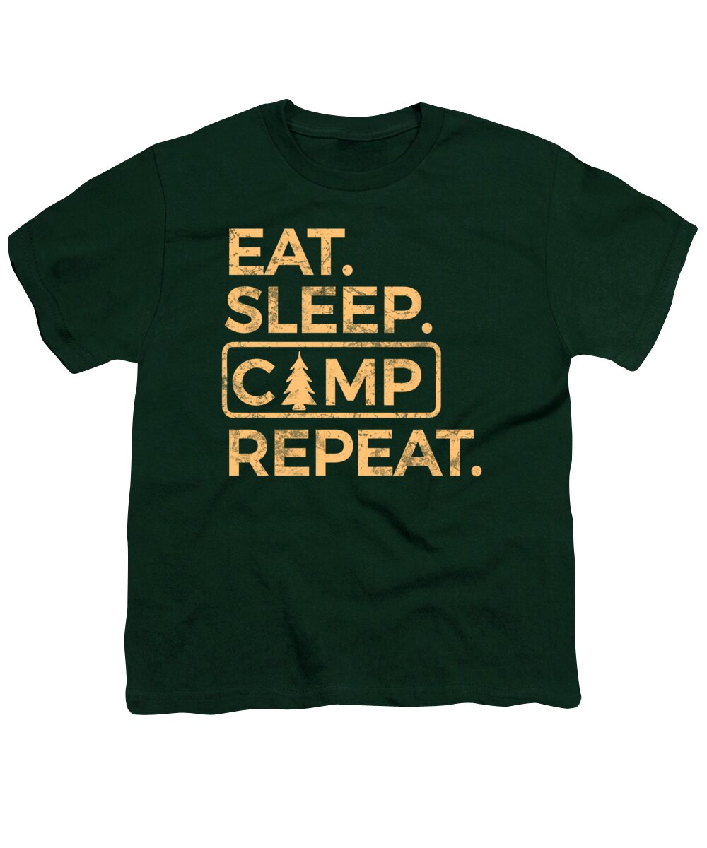 Youth graphic T-shirt in dark green with "Eat Sleep Camp Repeat" logo print