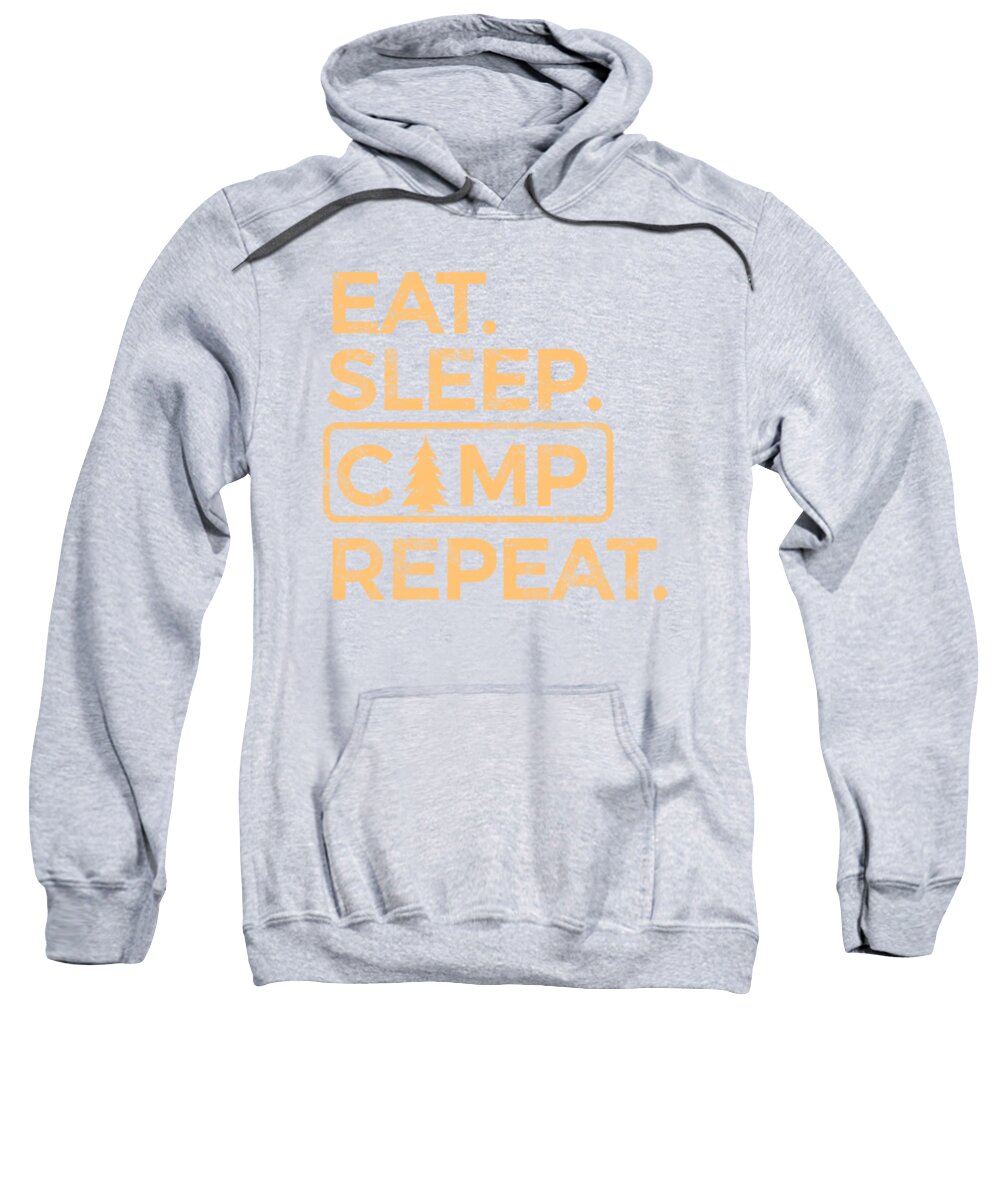 Light gray pullover hoodie with front 'EAT SLEEP CAMP REPEAT' graphic