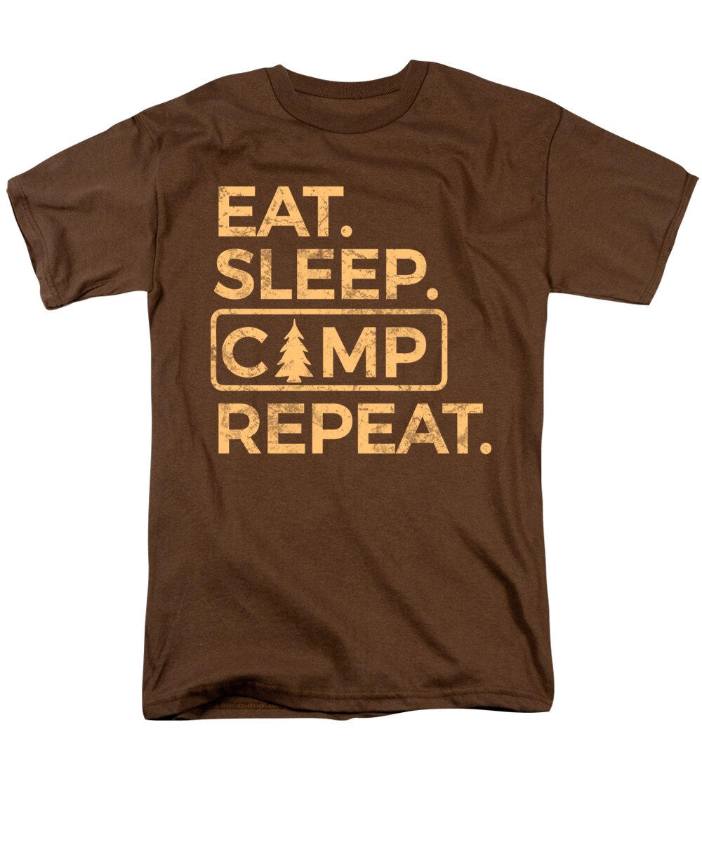 Men's brown T-shirt with “EAT SLEEP CAMP REPEAT” graphic on the front