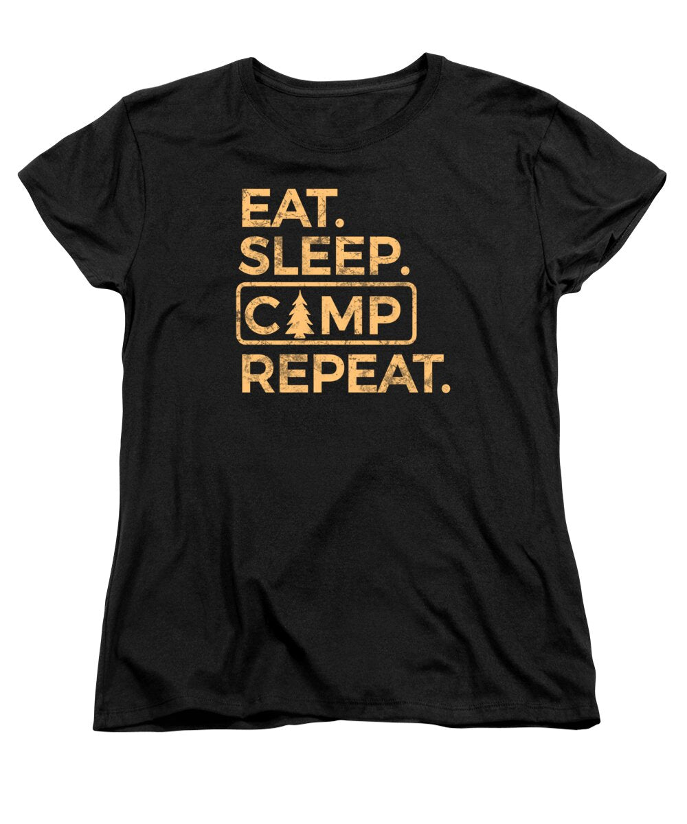 Black women’s crew-neck T-shirt with “EAT SLEEP CAMP REPEAT” front graphic.