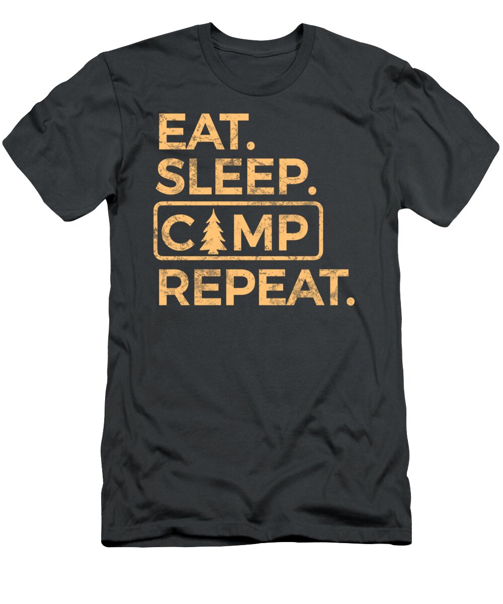 Dark gray camp slogan graphic T-shirt with tree and tent icon on front