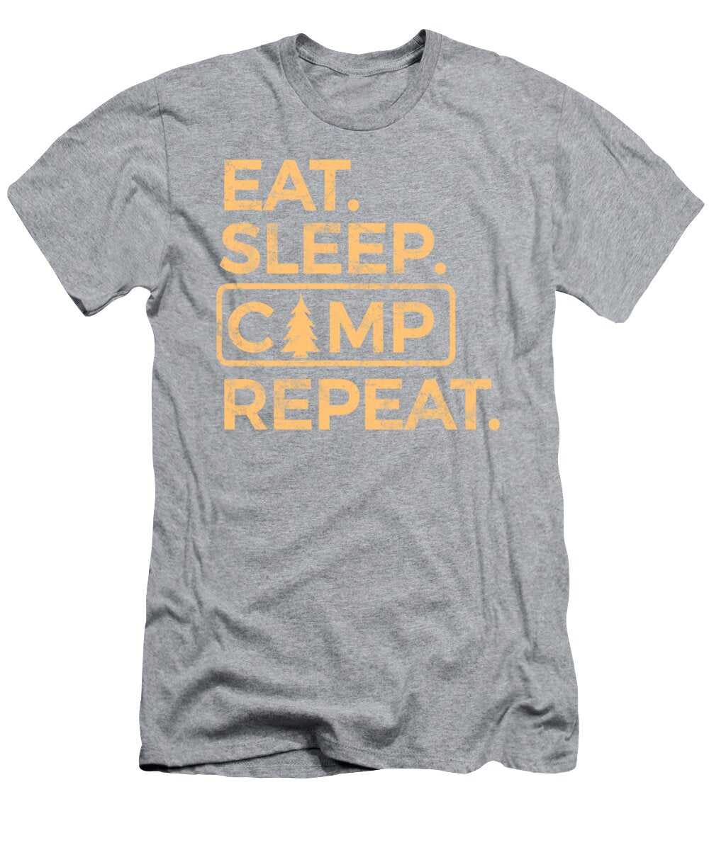 Heather gray camp slogan graphic T-shirt with tree and tent icon on front