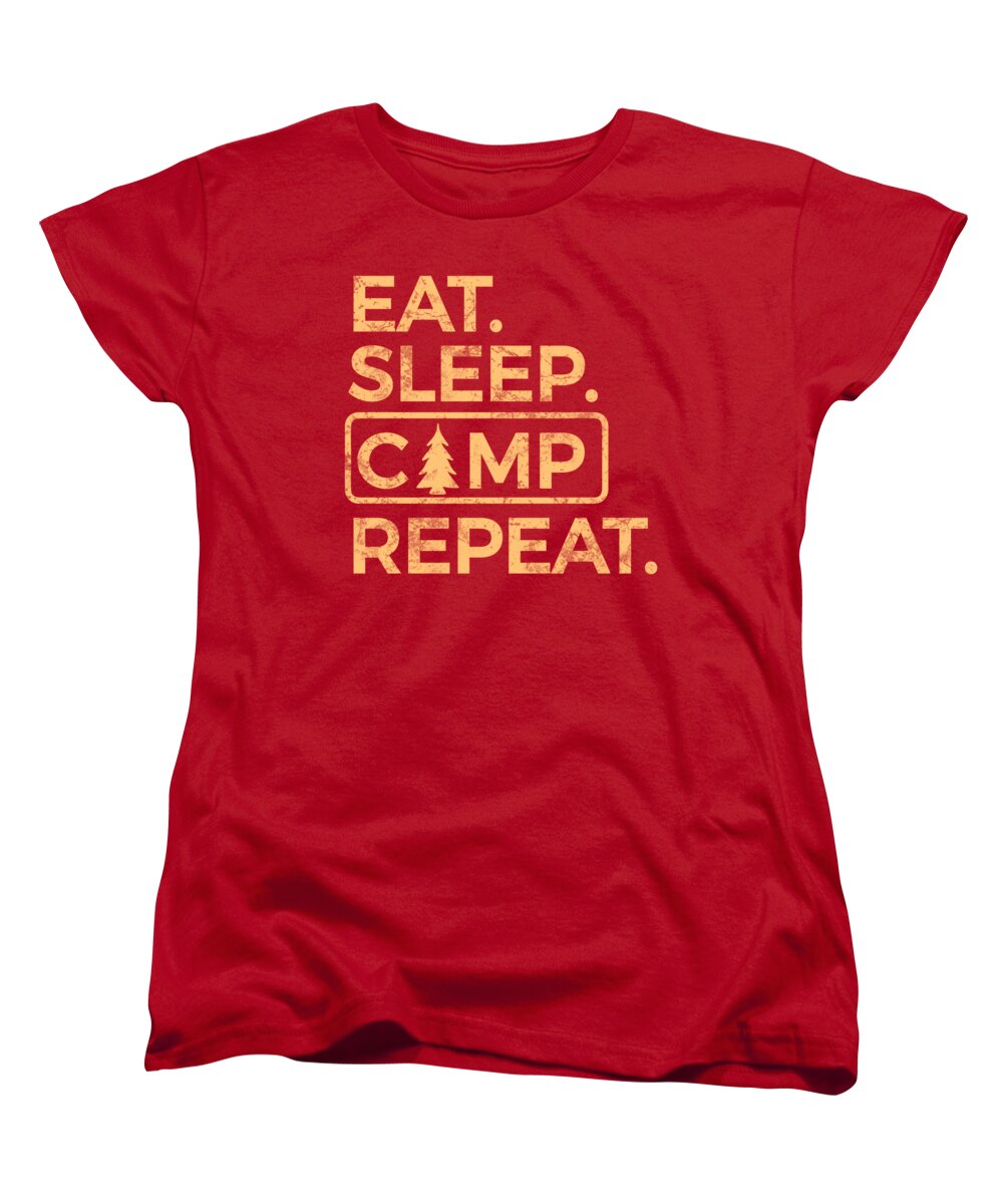 Red women’s crew-neck T-shirt with “EAT SLEEP CAMP REPEAT” front graphic.