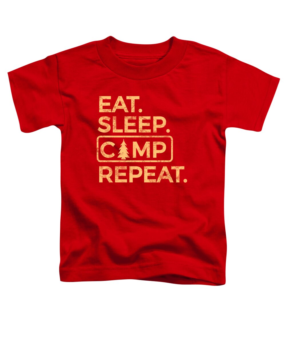 Red toddler T-shirt with orange “EAT SLEEP CAMP REPEAT” graphic print