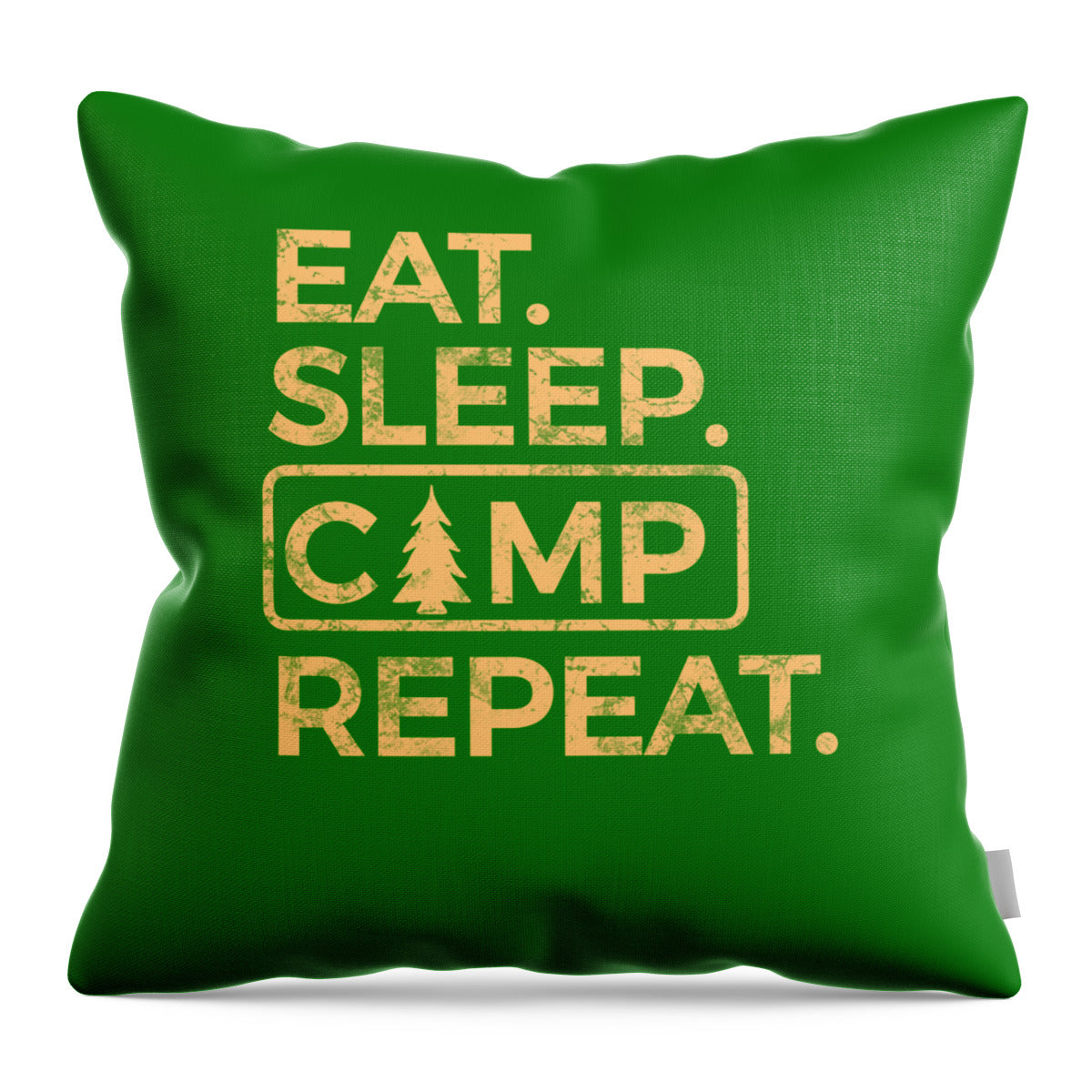 Green cushion with “EAT. SLEEP.” and “CAMP REPEAT” text on the front