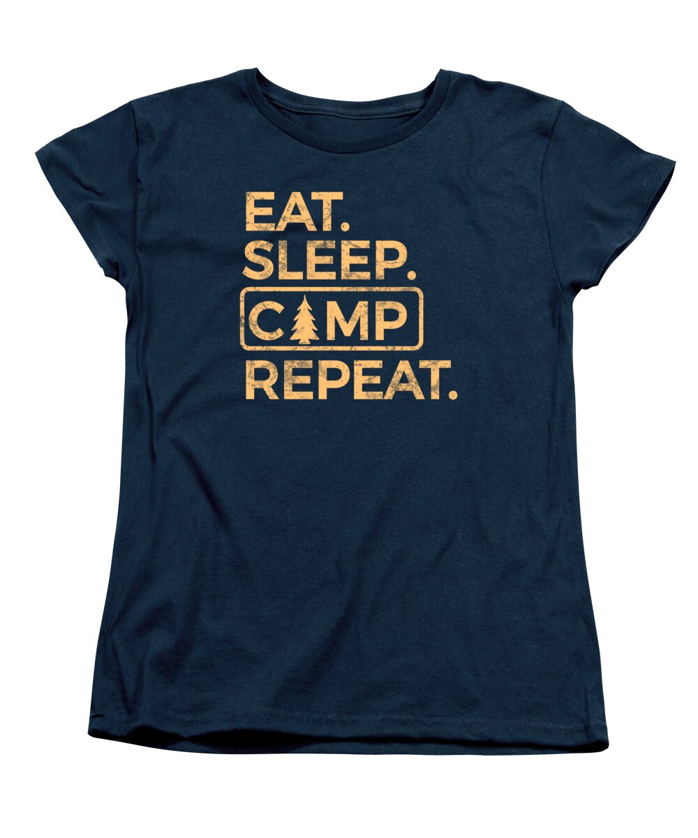 Navy women’s crew-neck T-shirt with “EAT SLEEP CAMP REPEAT” front graphic.