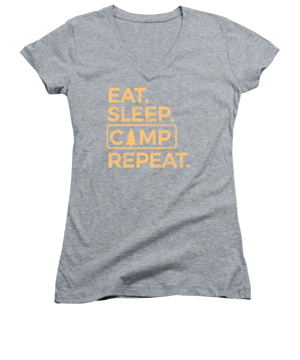 Women's V-neck T-shirt, heather gray, with 'Eat Sleep Camp Repeat' graphic