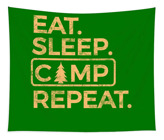 Green camping slogan tapestry with 'EAT SLEEP CAMP REPEAT' and pine tree