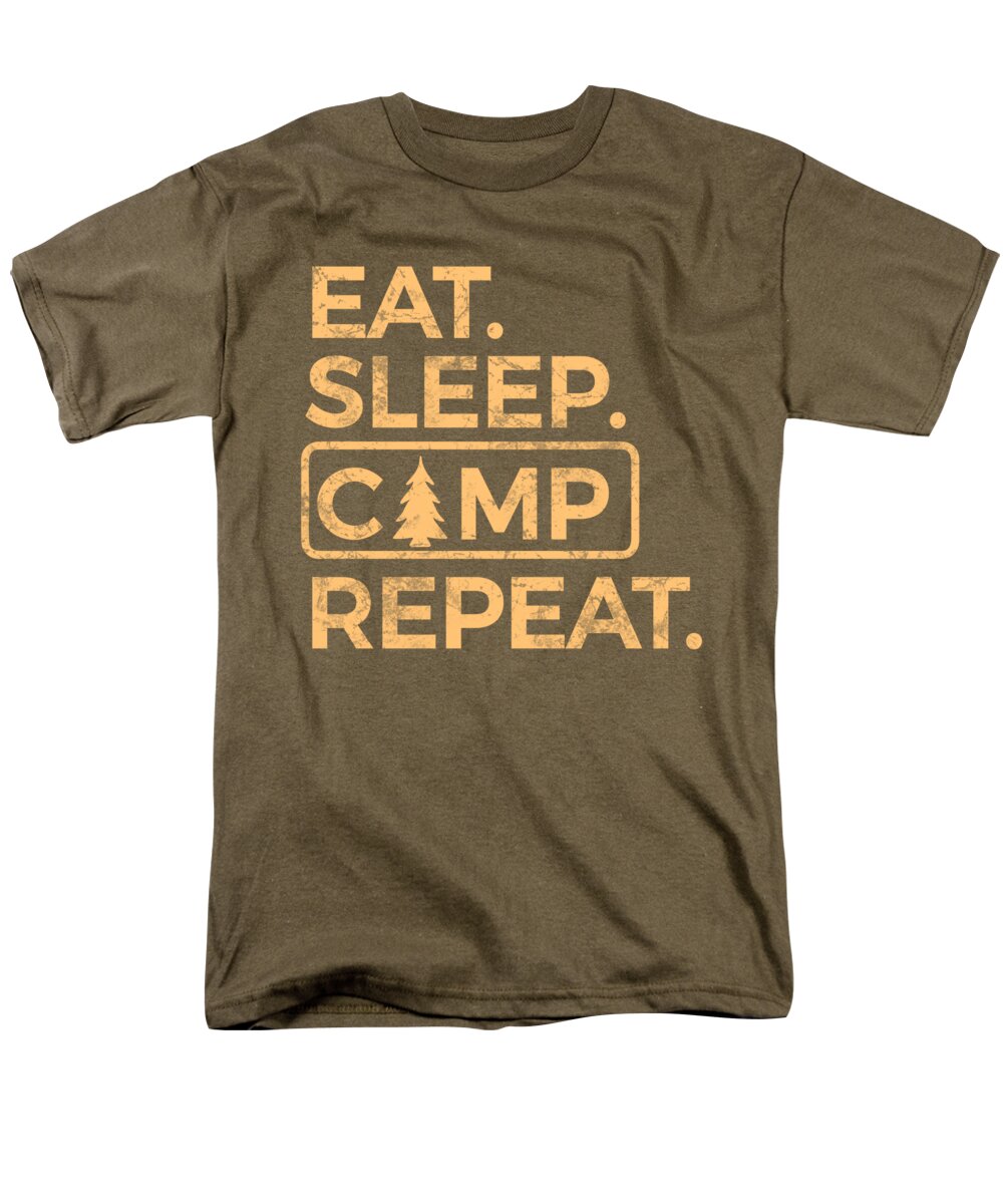 Men's brown crew-neck T-shirt with Eat Sleep Camp Repeat graphic print.