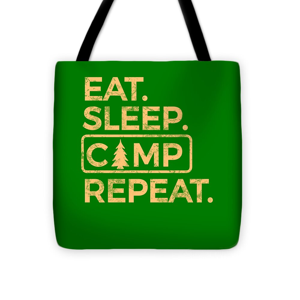 Green tote bag with front boxed 'CAMP' logo and 'EAT. SLEEP. REPEAT.' text, black handles