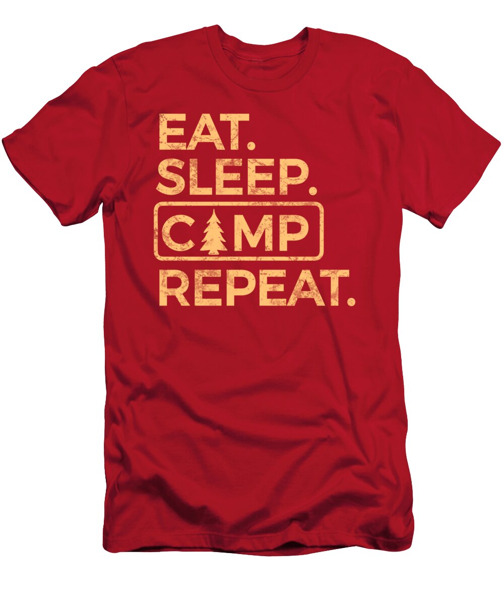 Red camp slogan graphic T-shirt with tree and tent icon on front