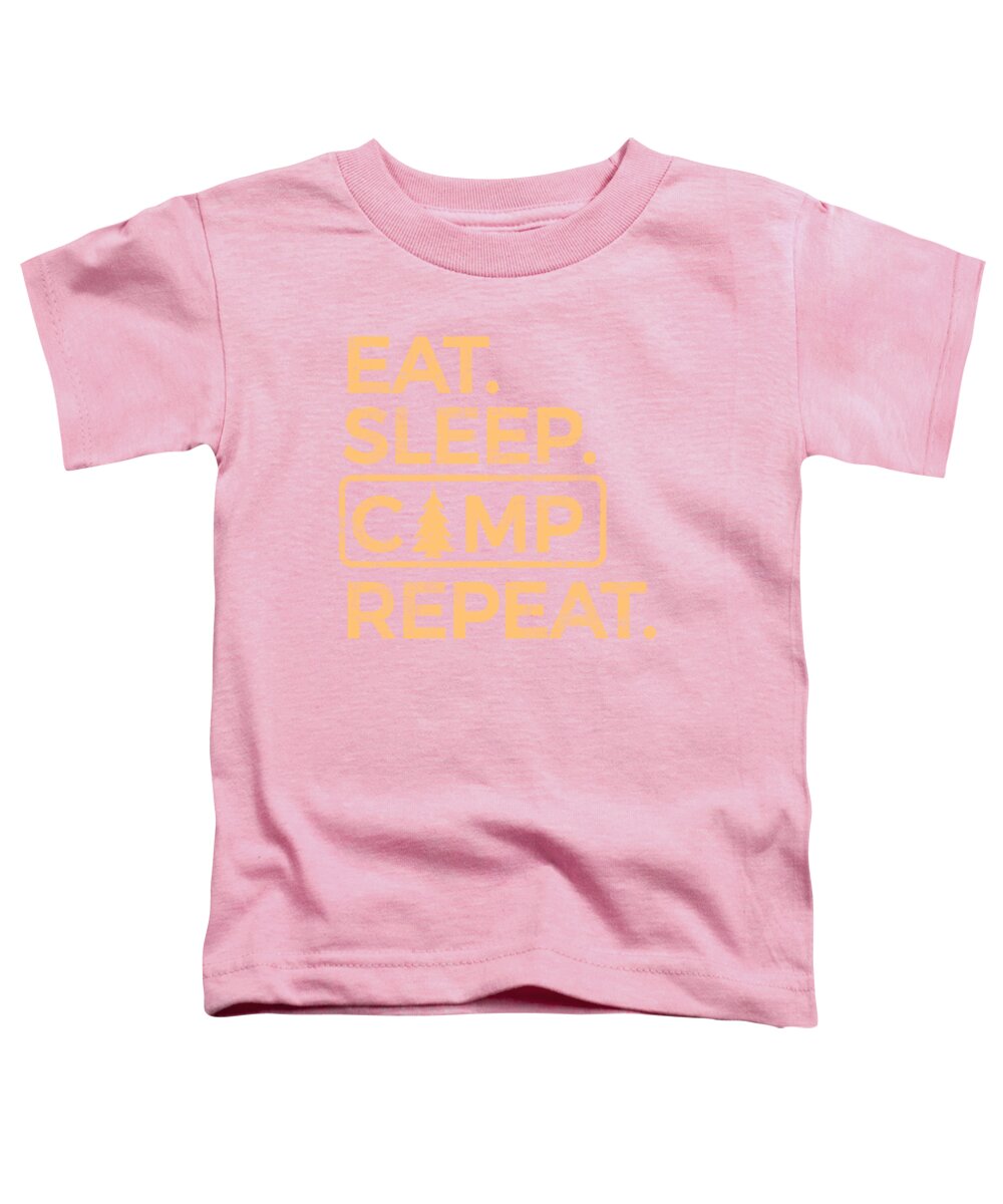 Pink toddler T-shirt with orange “EAT SLEEP CAMP REPEAT” graphic print