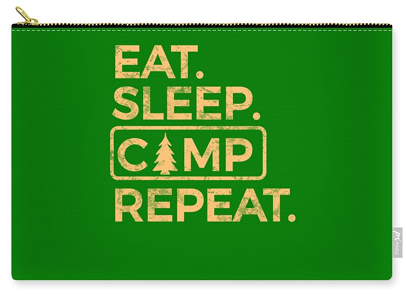 Green zip pouch with camp slogan print and pine tree icon, top zipper edge