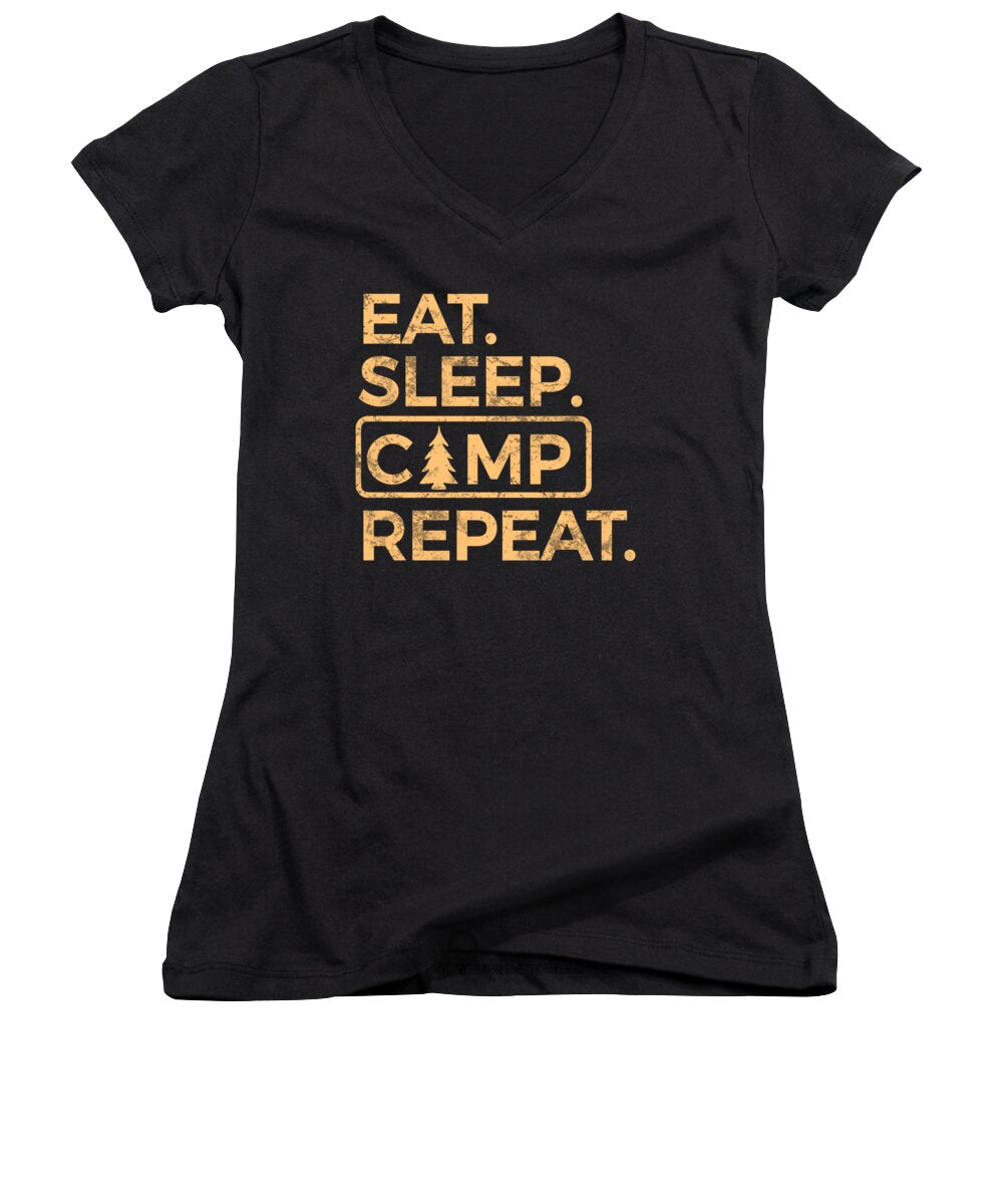 Women's V-neck T-shirt, black, with 'Eat Sleep Camp Repeat' graphic