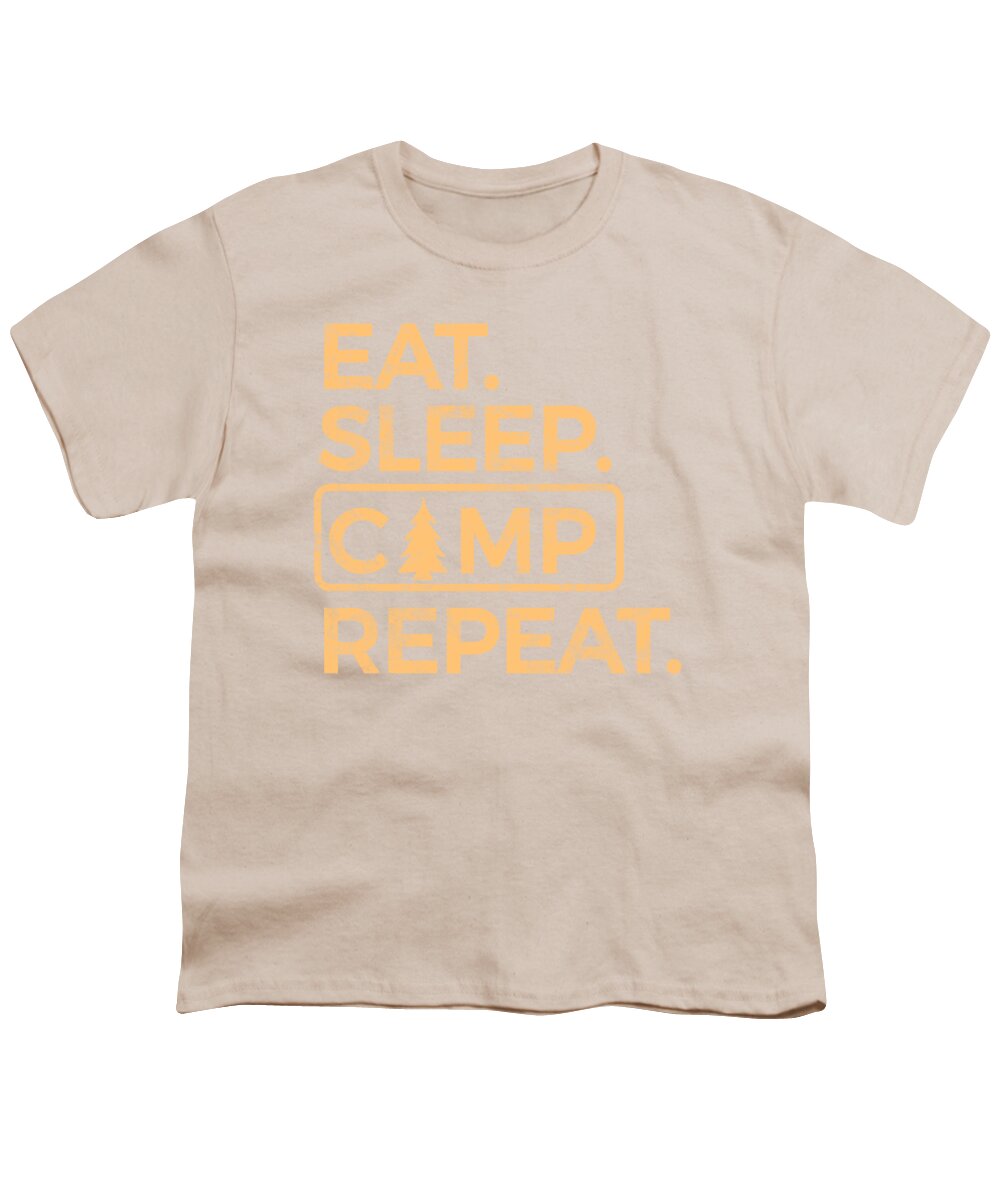 Youth graphic T-shirt in light beige with "Eat Sleep Camp Repeat" logo print