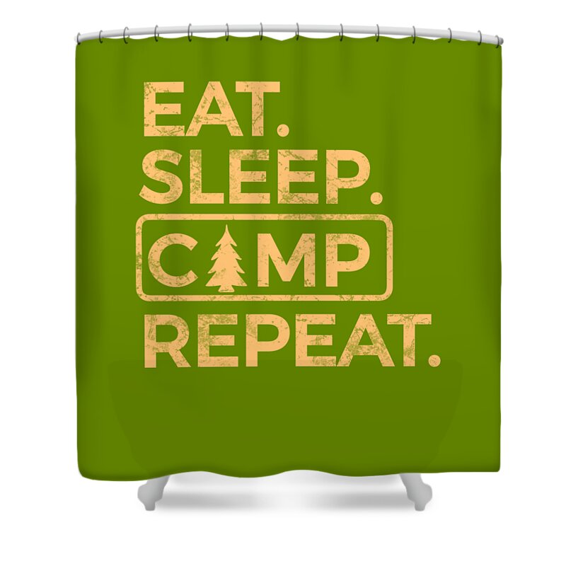 Green shower curtain with large camping text: EAT. SLEEP. CAMP REPEAT.