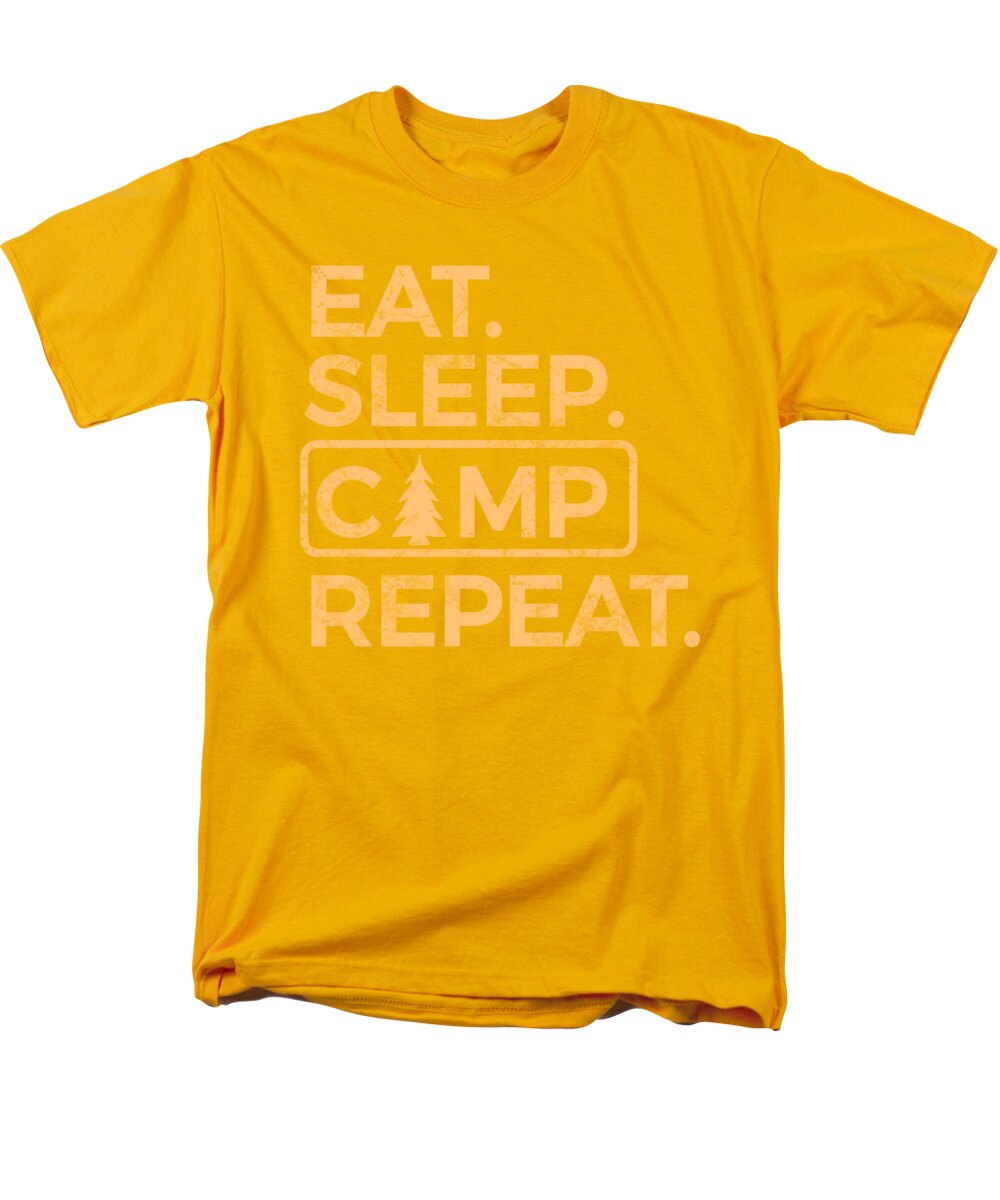 Men's yellow T-shirt with “EAT SLEEP CAMP REPEAT” graphic on the front