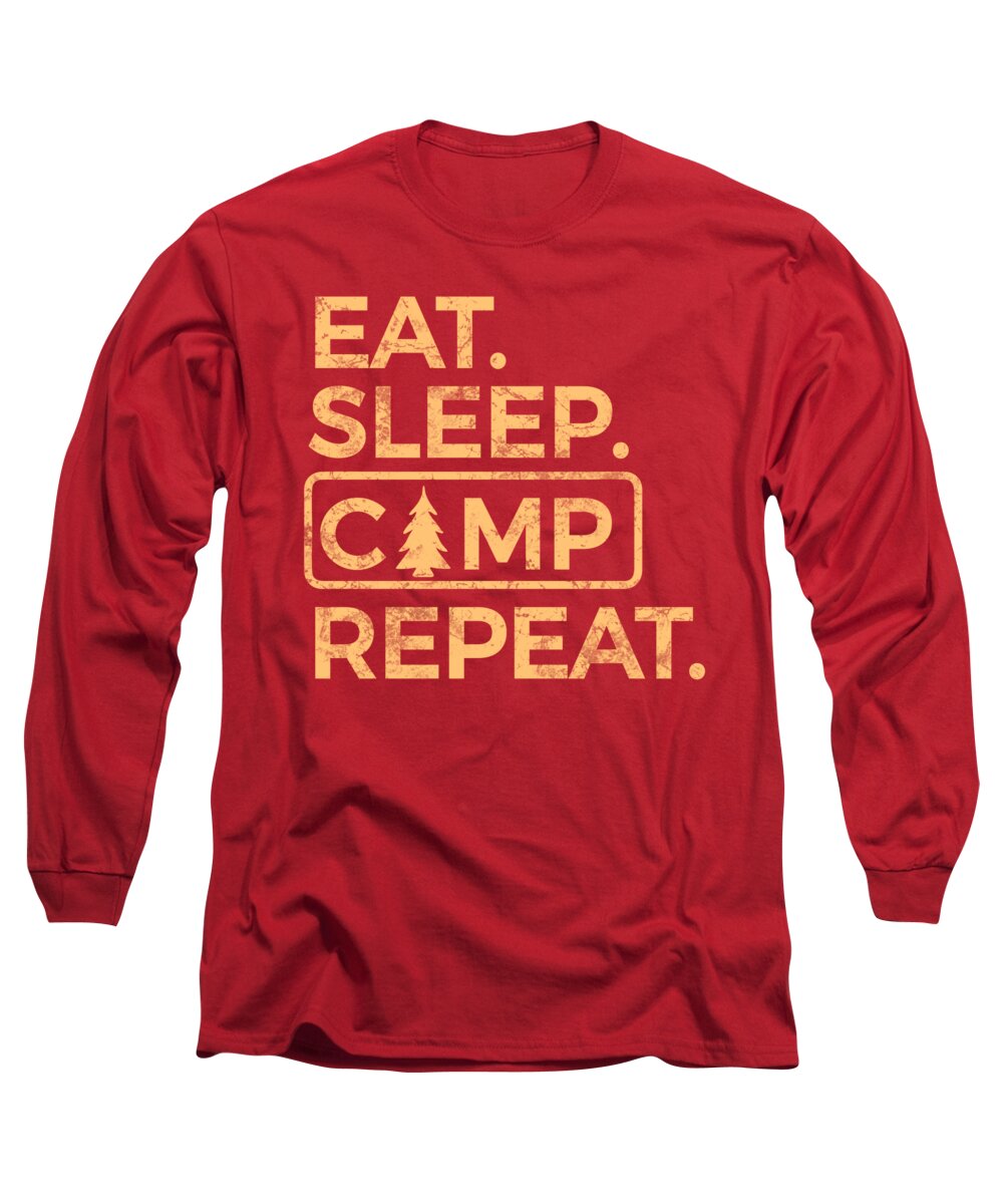 Red long-sleeve T-shirt with 'EAT SLEEP CAMP REPEAT' logo graphic in orange and cream.